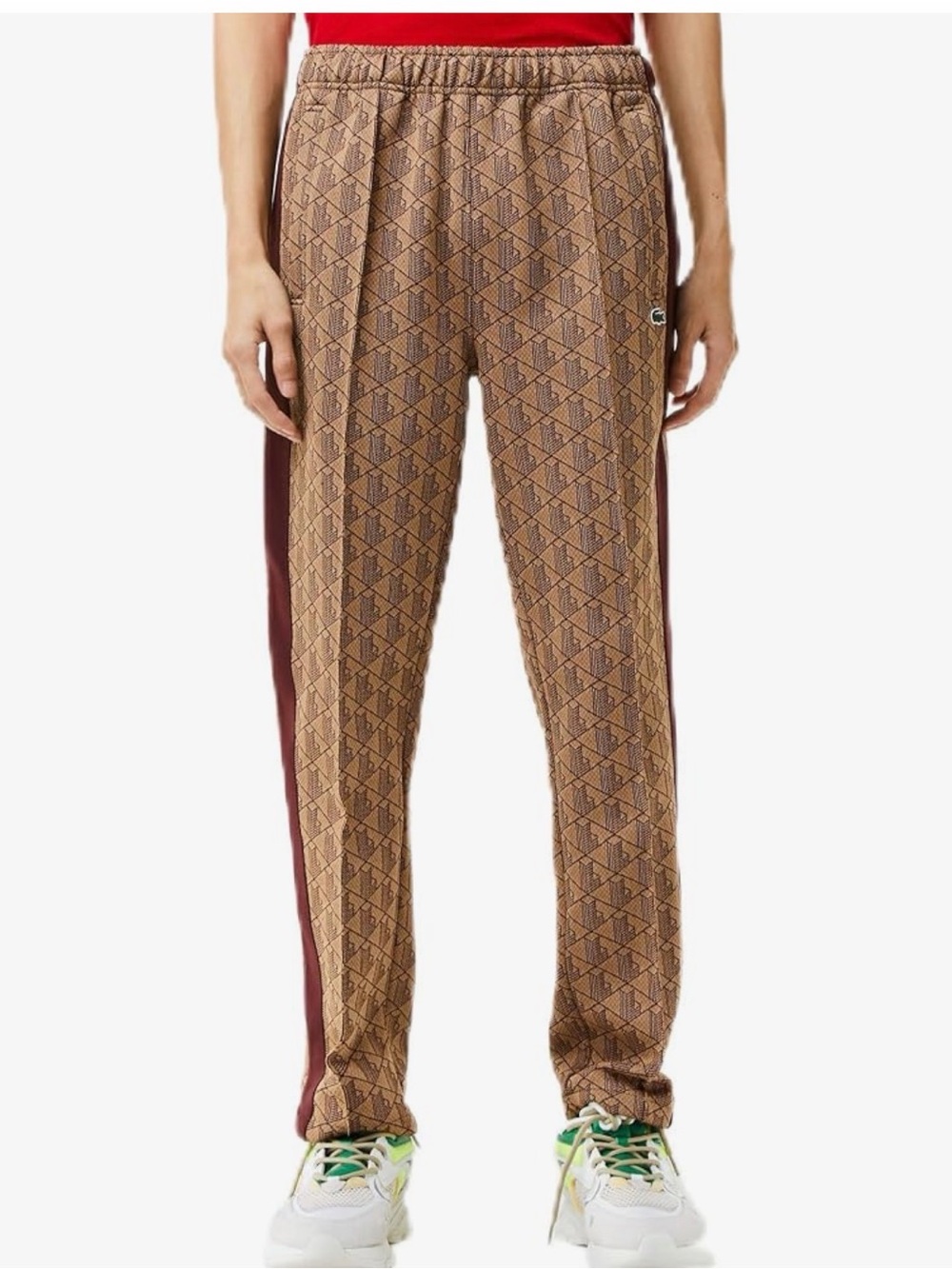Lacoste Brown Geometric Track Pants with Burgundy Side Stripe M